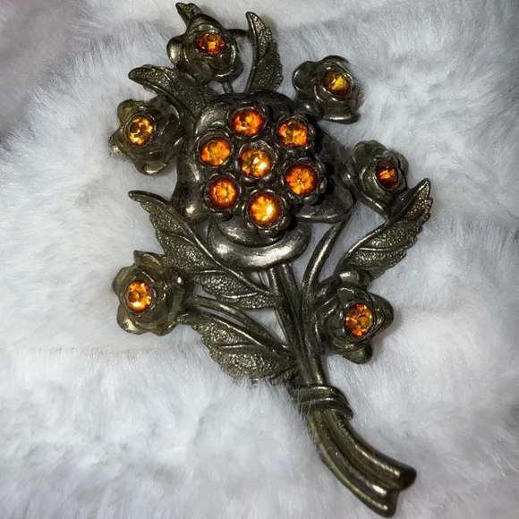Little Nemo Flower Bunch Amber Rhinestone Bouquet LN/25 Vintage Silver Tone - Picture 2 of 12